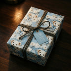 Light blue baby shower wrapping paper with teddy bear and floral pattern, tied with twine and "Oh Boy" tag.