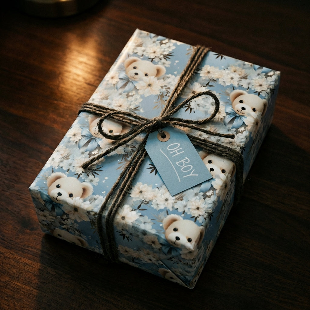 Light blue baby shower wrapping paper with teddy bear and floral pattern, tied with twine and "Oh Boy" tag.