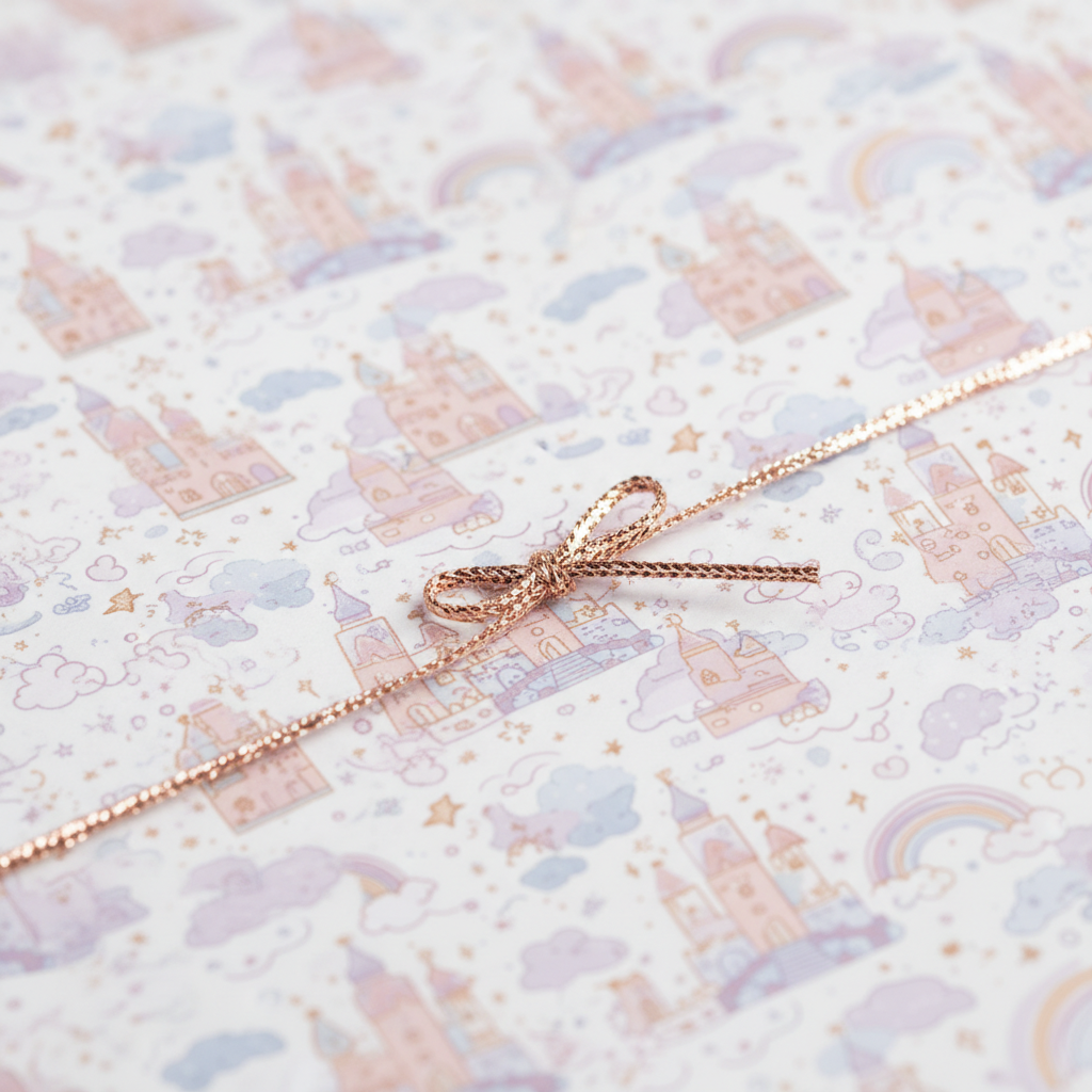 Charming fairy tale castle and rainbow wrapping paper with a delicate rose gold ribbon, perfect for a princess birthday gift.
