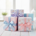 Whimsical pastel princess castle wrapping paper with lavender, pink, and blue satin ribbons, perfect for luxury birthday gifts.