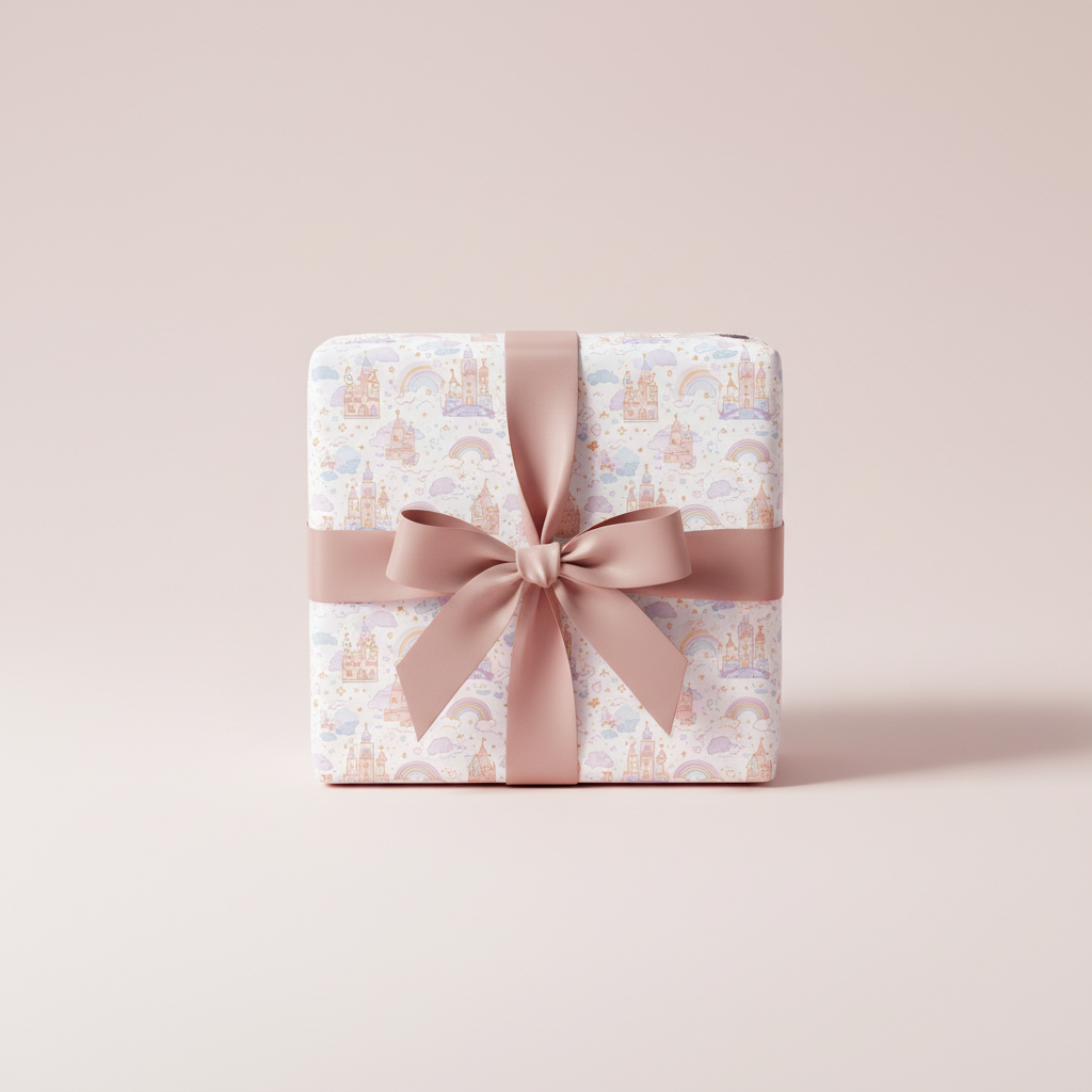 Princess castle pastel birthday wrapping paper with pink ribbon, perfect for girls' luxury gift wrap.