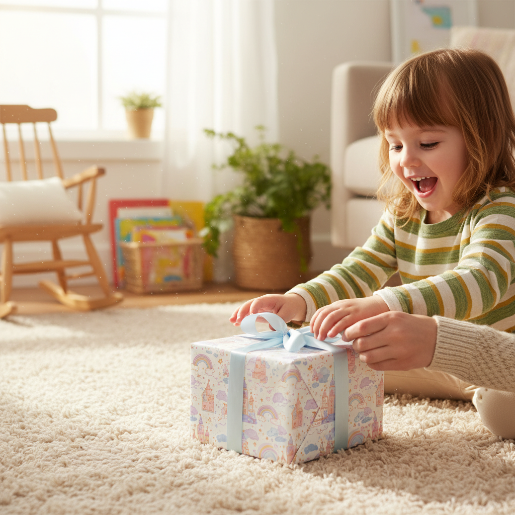 Child's birthday gift with whimsical pastel unicorn and castle wrapping paper, tied with a light blue ribbon bow.