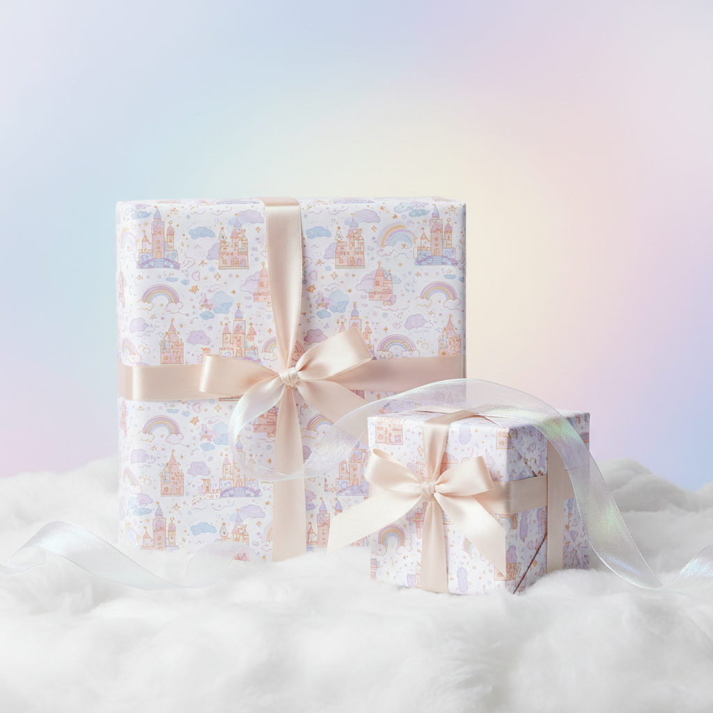 Princess castle fairy tale wrapping paper with peach ribbon, perfect for a baby shower or girl's birthday gift.
