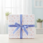 Whimsical princess castle and rainbow birthday wrapping paper with a light purple ribbon on a wooden table.