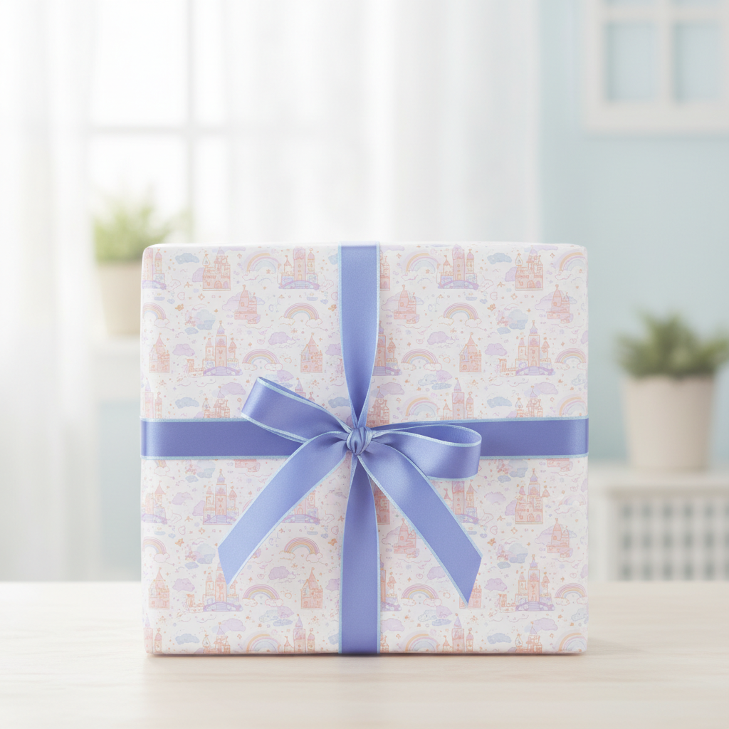 Whimsical princess castle and rainbow birthday wrapping paper with a light purple ribbon on a wooden table.