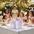 Whimsical purple unicorn castle birthday wrapping paper with a sparkly lavender bow, perfect for a magical girls' party.
