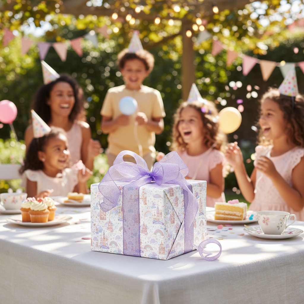 Whimsical purple unicorn castle birthday wrapping paper with a sparkly lavender bow, perfect for a magical girls' party.