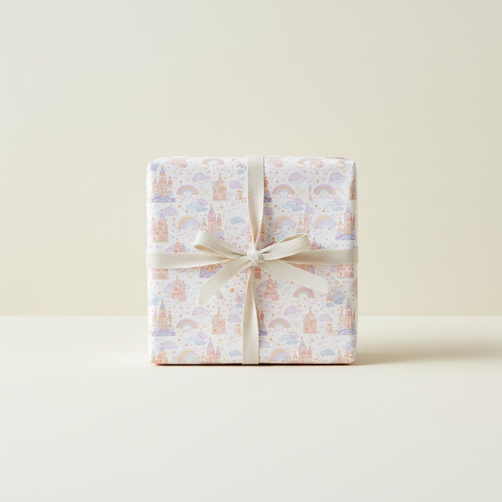 Whimsical castle and rainbow wrapping paper for a magical birthday or baby shower gift, tied with a natural linen bow.