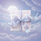 Whimsical castle unicorn wrapping paper with a light purple ribbon, perfect for a magical birthday or baby shower gift.