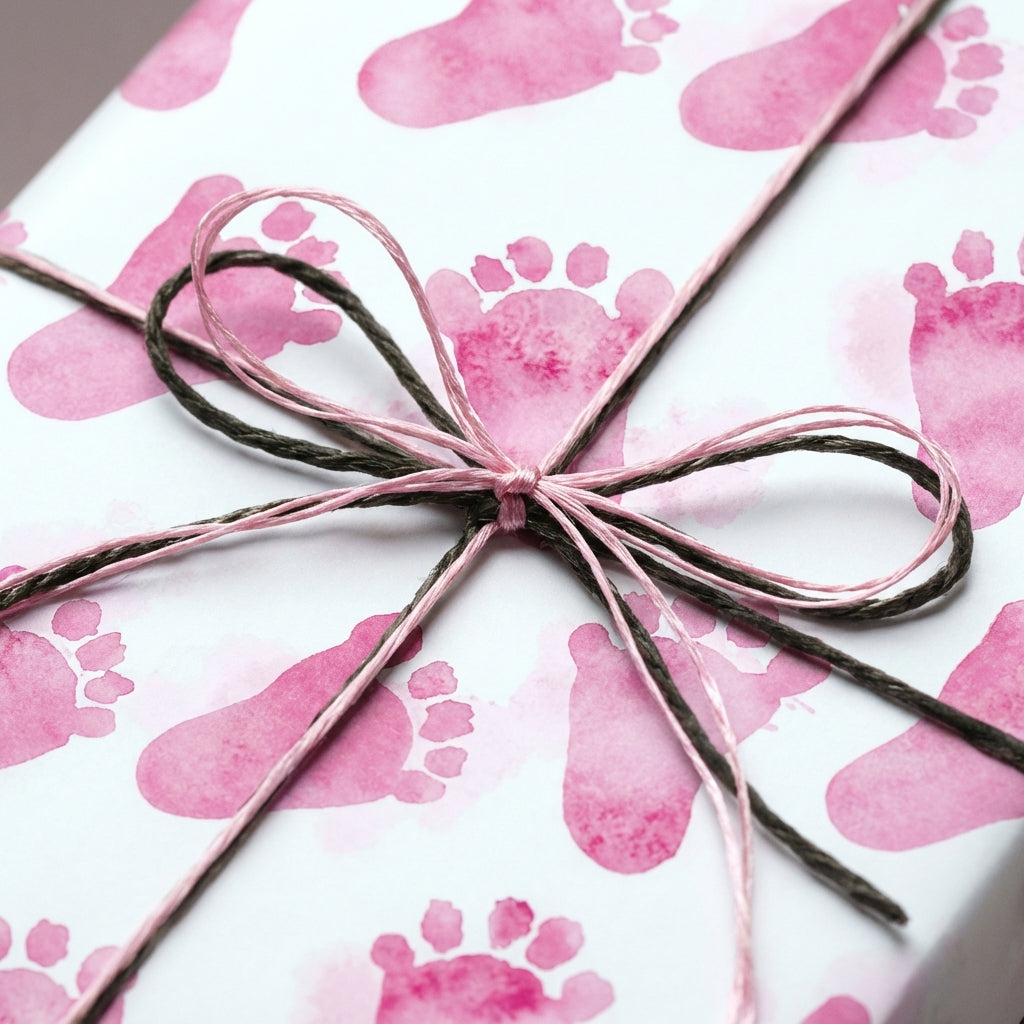 Gift wrapped in pink baby feet wrapping paper with twine bow.