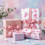 Pastel baby shower gifts wrapped in pink ribbon, with footprint wrapping paper.