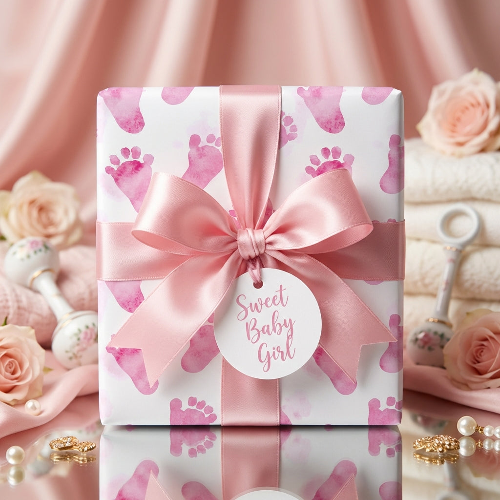 Elegant baby shower gift wrapped in pink footprint wrapping paper with a satin bow and "Sweet Baby Girl" tag.