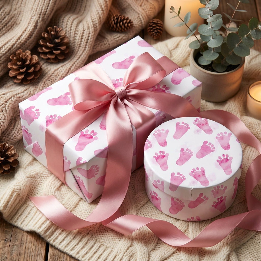 Baby shower gift wrap: Pink footprint wrapping paper with satin ribbon on square and round boxes.