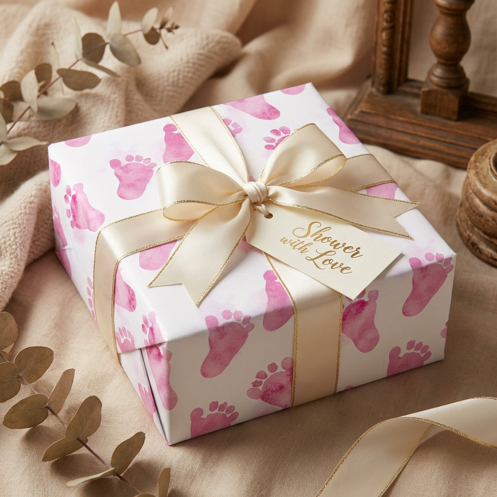 Gift wrapped in baby shower wrapping paper with pink footprints and a gold ribbon.