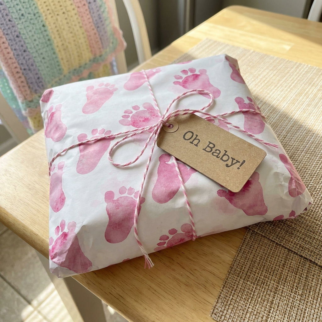Baby shower gift wrapped in pink footprint paper with twine bow and "Oh Baby!" tag.