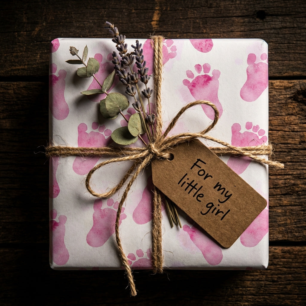 Square gift wrapped in baby girl wrapping paper with pink footprints, twine bow, lavender sprig, and tag.