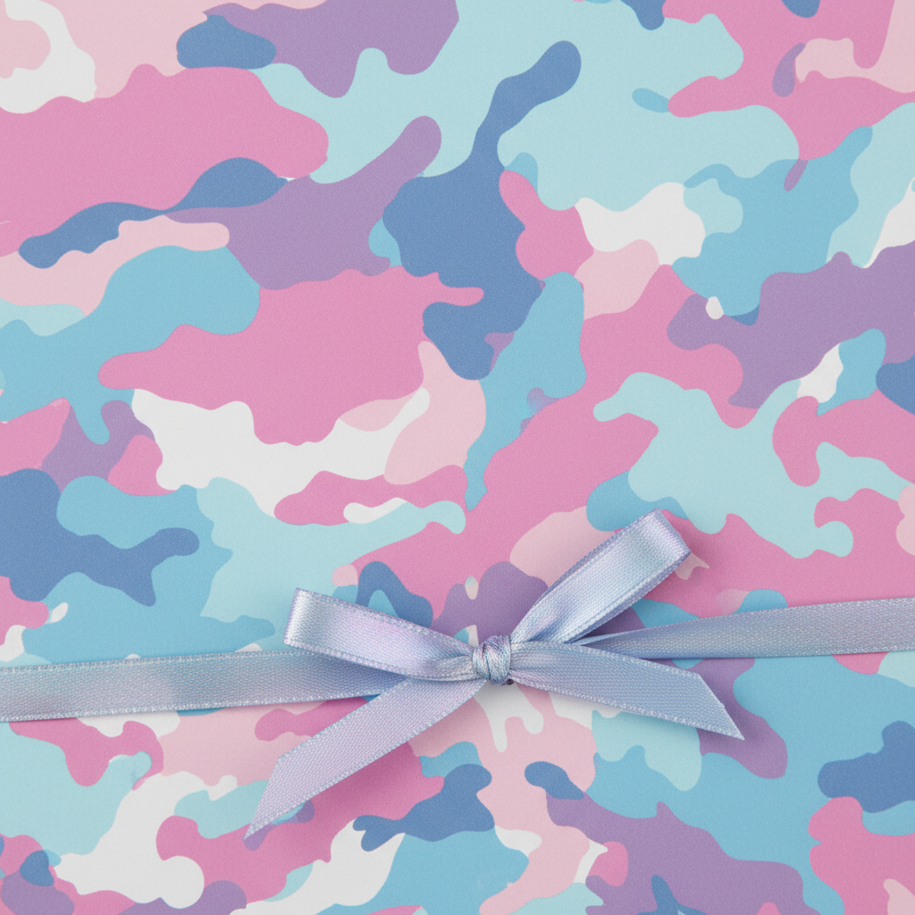 Pastel camo gift wrapping paper with a light blue satin ribbon bow.