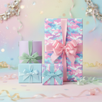 Pastel gift boxes with pink, green, and blue ribbons and colorful camo wrapping paper for birthday presents.