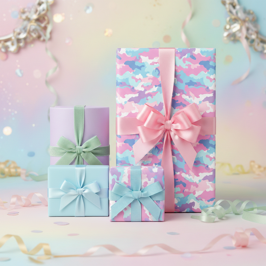 Pastel gift boxes with pink, green, and blue ribbons and colorful camo wrapping paper for birthday presents.