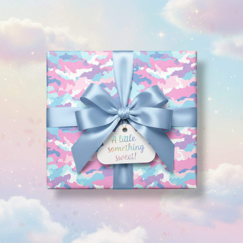 Pastel camo wrapping paper on a square gift box, with a blue satin bow and "A little something sweet!" tag.