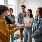 Teen exchanging a gift wrapped in floral birthday wrapping paper with a blue ribbon bow.