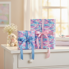 Pastel camo wrapping paper with pink and blue ribbon on baby shower gifts in nursery setting.