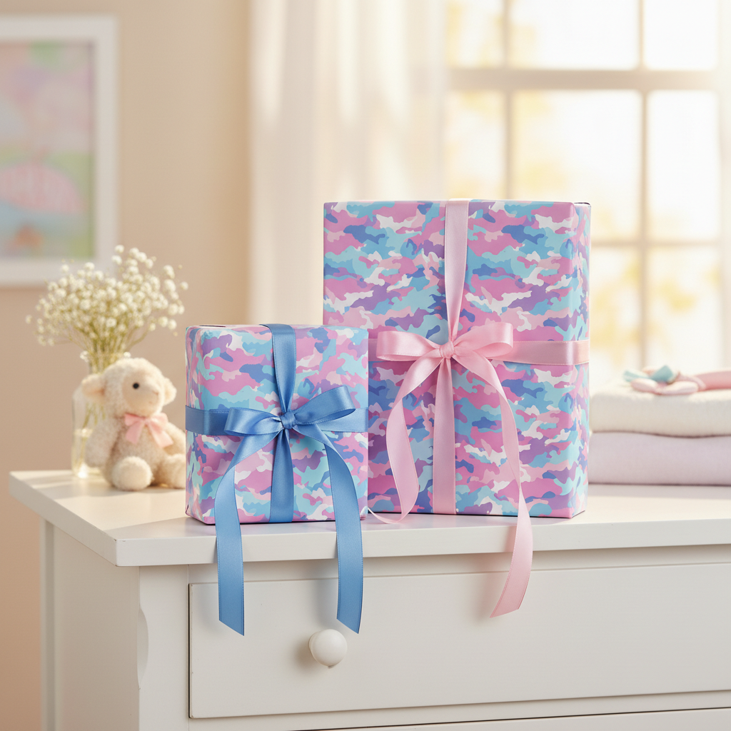 Pastel camo wrapping paper with pink and blue ribbon on baby shower gifts in nursery setting.