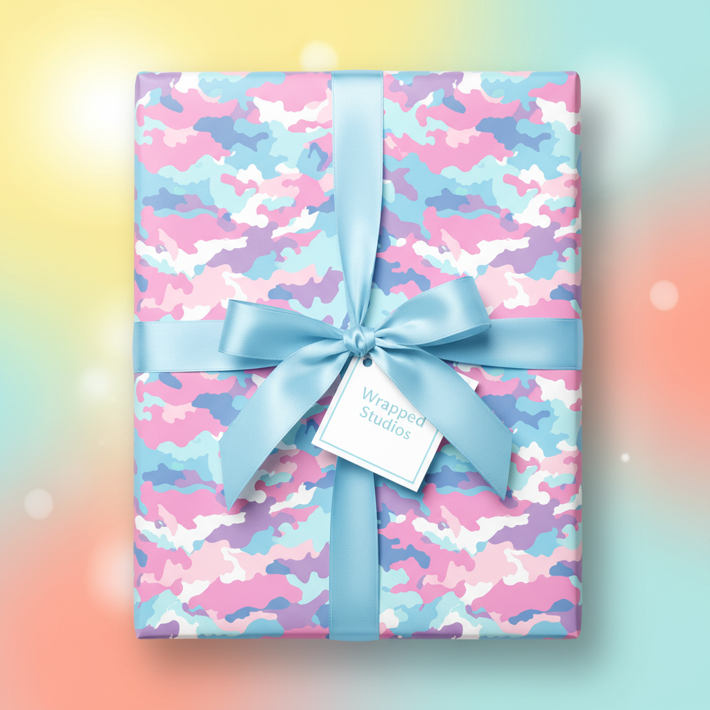 Pastel camo birthday wrapping paper with a light blue satin ribbon and bow.