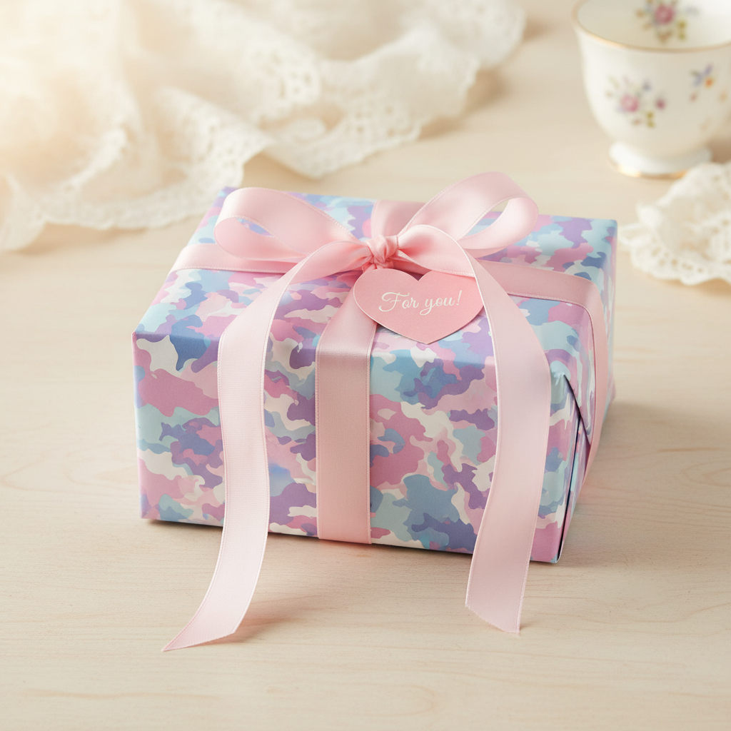 Pastel camo wrapping paper with pink ribbon and "For you!" tag, perfect for baby shower or birthday gifts.