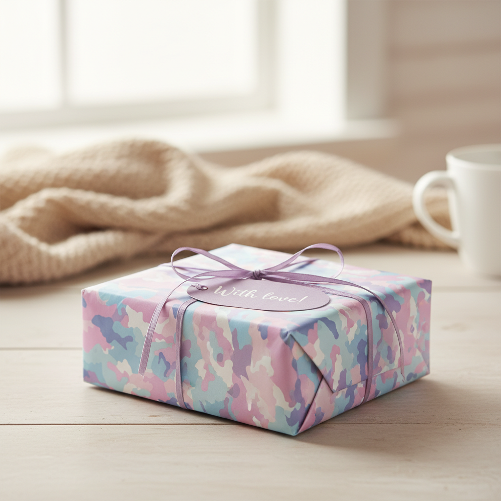 Pastel birthday wrapping paper with lavender ribbon on gift box, soft aesthetic.
