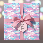 Pastel camo wrapping paper with pink ribbon and "Just for you!" gift tag.