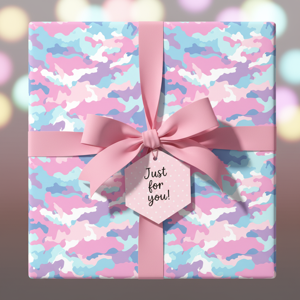 Pastel camo wrapping paper with pink ribbon and "Just for you!" gift tag.