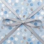 Light blue gift wrapped in polka dot paper and tied with a silver satin ribbon bow.