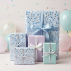 Pastel birthday presents wrapped in blue polka dot and solid color paper with ribbons and matching balloons.
