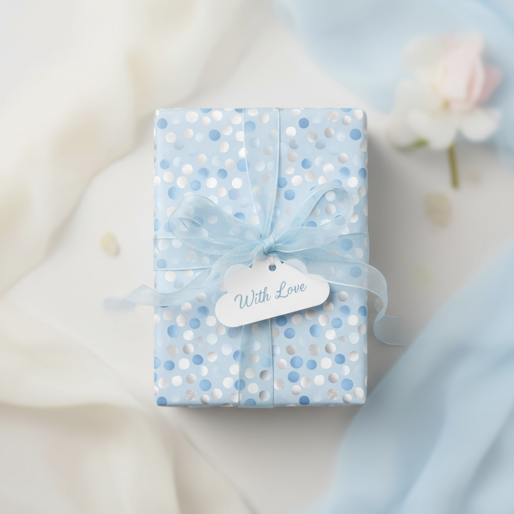 Light blue gift wrapped in polka dot birthday wrapping paper with "With Love" tag and ribbon.