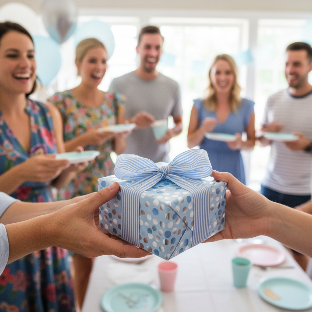 Hands exchanging a baby shower gift wrapped in blue polka dot paper with striped ribbon.