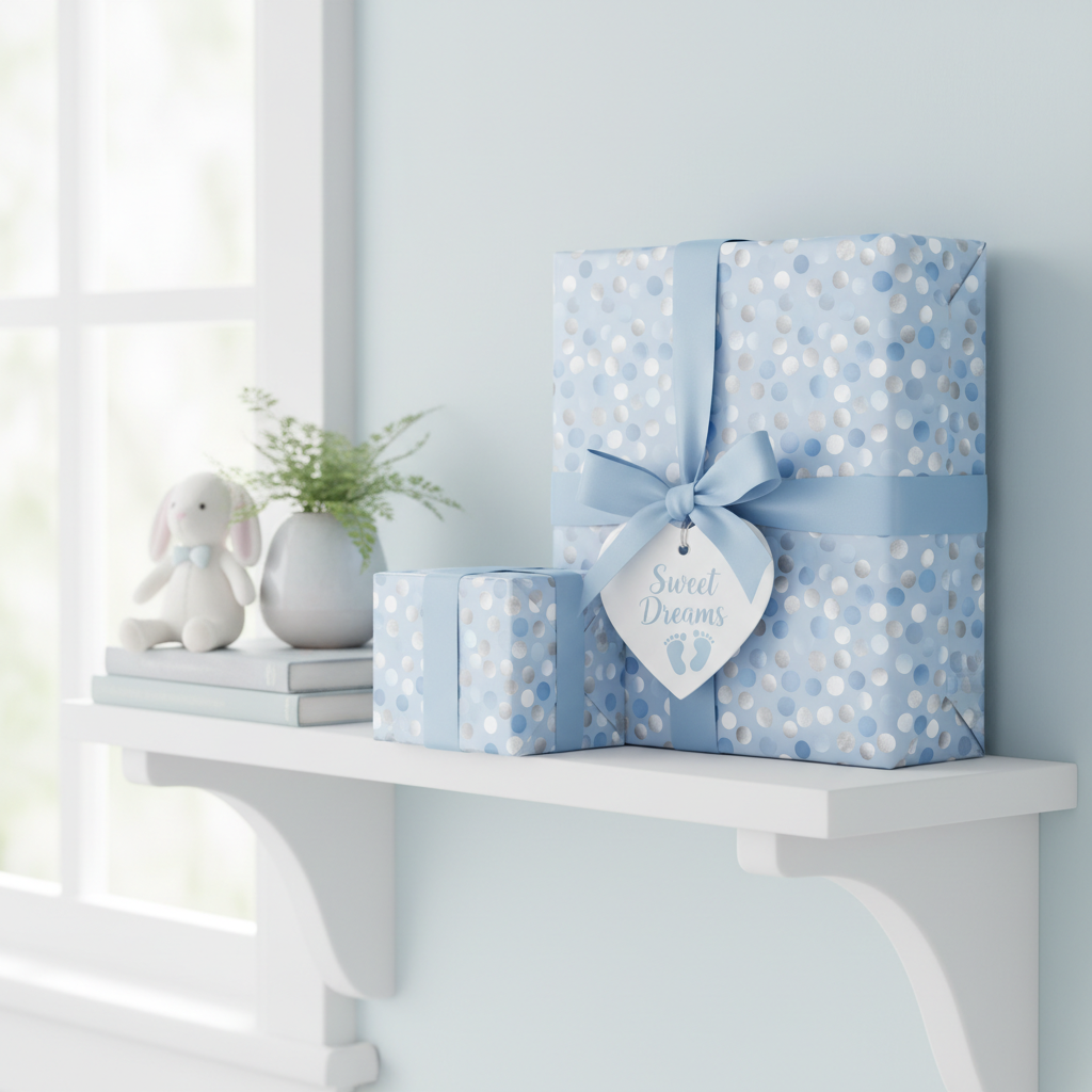 Gifts wrapped in light blue polka dot baby shower wrapping paper with matching ribbon and "Sweet Dreams" tag.