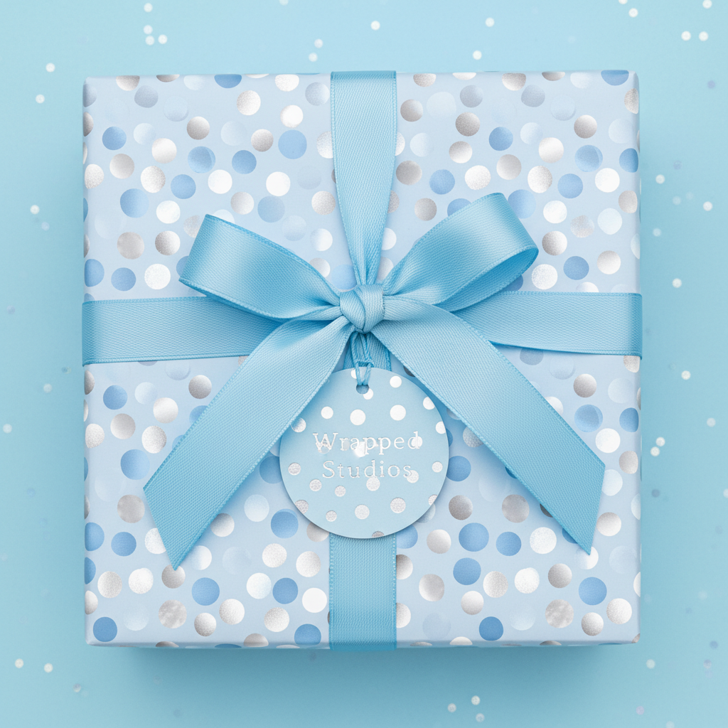 Baby blue gift box wrapped in polka dot paper with a satin ribbon bow.