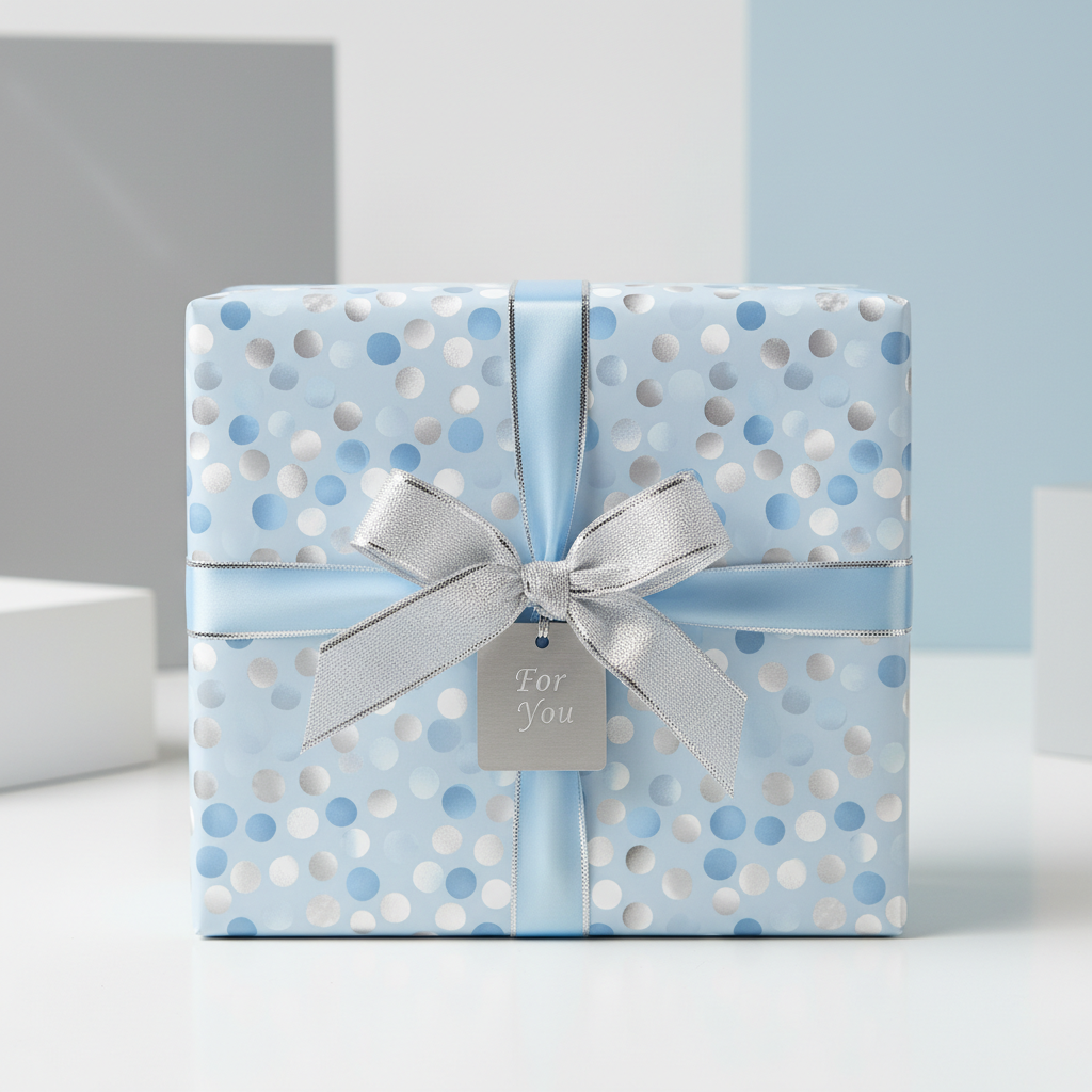 Square gift wrapped in light blue dotted paper, tied with a silver ribbon and bow.