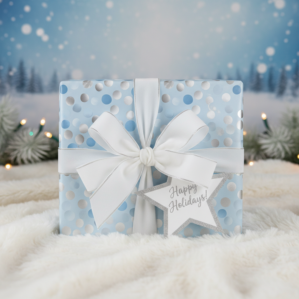 Light blue Christmas gift wrap with silver dots and a white satin bow, on a snowy background.