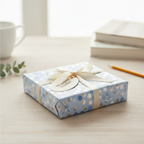 Light blue birthday wrapping paper with silver polka dots and a cream ribbon and gift tag.