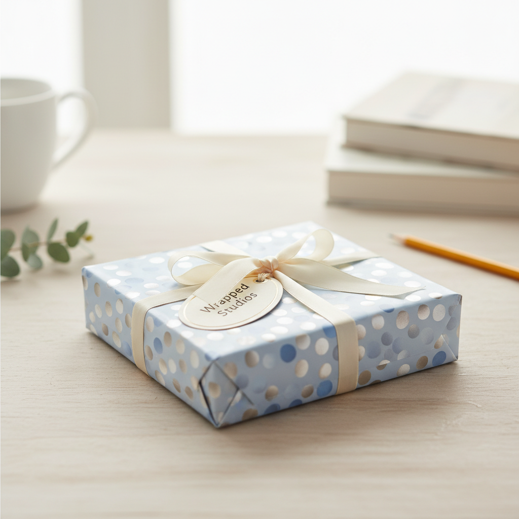 Light blue birthday wrapping paper with silver polka dots and a cream ribbon and gift tag.