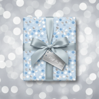 Light blue gift wrapped in dot-patterned paper with silver bow and tag.