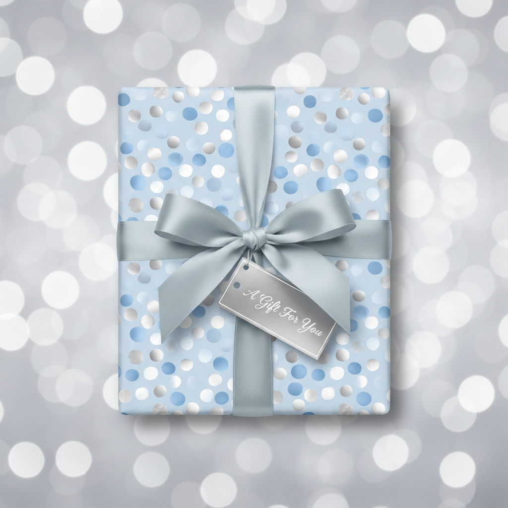 Light blue gift wrapped in dot-patterned paper with silver bow and tag.