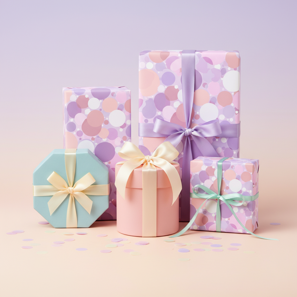 Pastel birthday wrapping paper with dot pattern, satin ribbons and confetti.