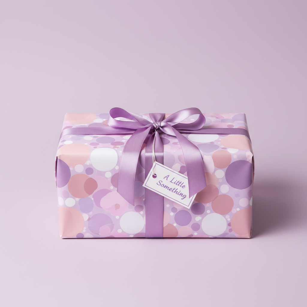 Pastel purple birthday wrapping paper with polka dot pattern, tied with matching ribbon and "A Little Something" tag.