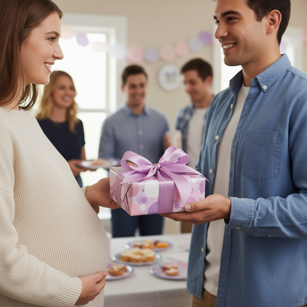 Man giving pregnant woman a baby shower gift wrapped in modern polka dot wrapping paper with a lavender bow.