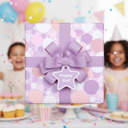 Square birthday gift wrapped in pastel polka dot paper with lavender ribbon and "Happy day!" tag.