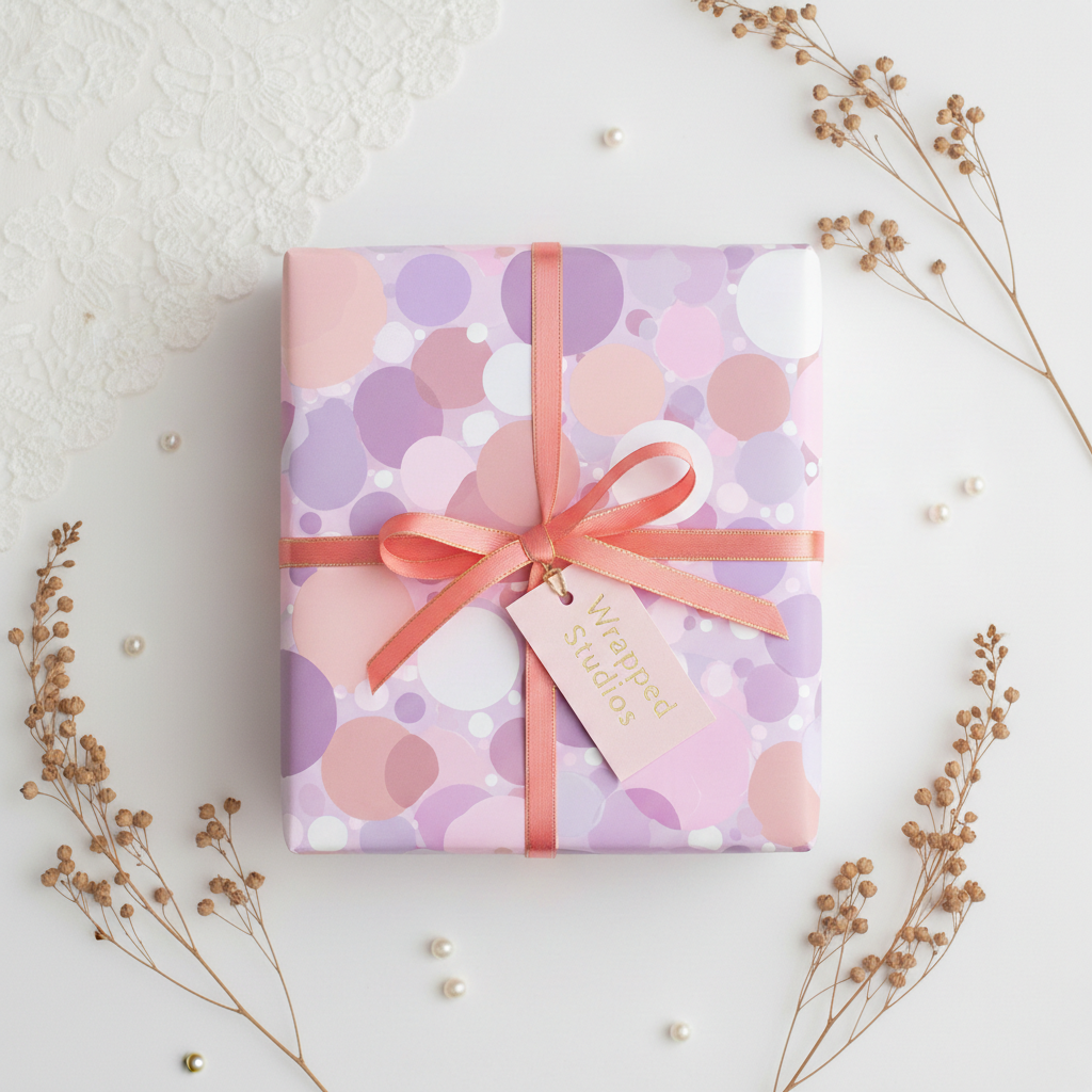 Elegant gift wrapped in pink and lavender polka dot wrapping paper with coral ribbon and gift tag.