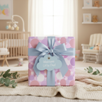 Baby shower gift with pink polka dot wrapping paper and a light blue satin bow.